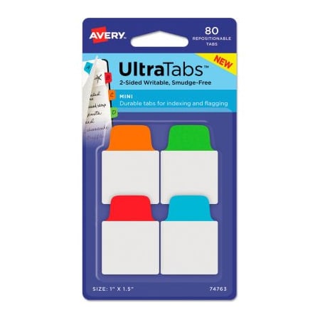 Avery Ultra Tabs Repositionable Tabs, 1in X 1-1/2in, Primary: Blue, Green, Orange, Red, 80/Pack